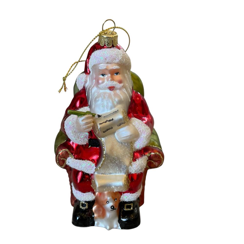 Santa on Sofa w/ Name List Glass Ornament 6" Hand Painted Brighten The Season